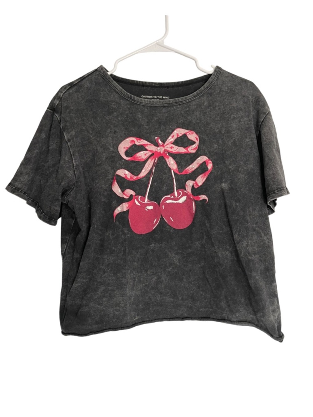 Off the Shoulder Black Cherry Graphic Tee Semi Crop in Acid Wash Black